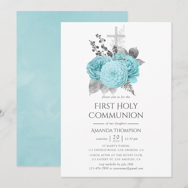 Invitación Comunión sagrada de los Rosas del Shabby de Aqua y (Anverso / Reverso)