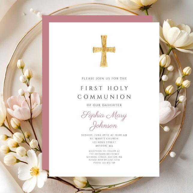 Invitación Comunión sagrada entre Chicas rosados modernos (Modern Pink Cross Girl Holy Communion Invitation)