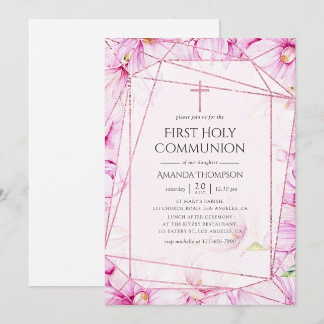 Invitación Comunión sagrada geométrica de magnolia rosa y oro (Anverso / Reverso)