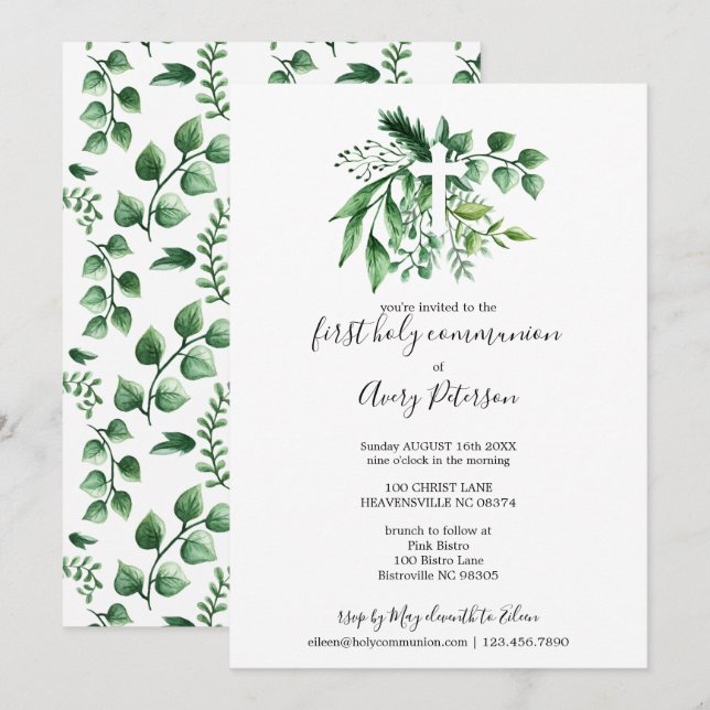 Invitación Comunión santa de la cruz botánica verde de la (Anverso / Reverso)