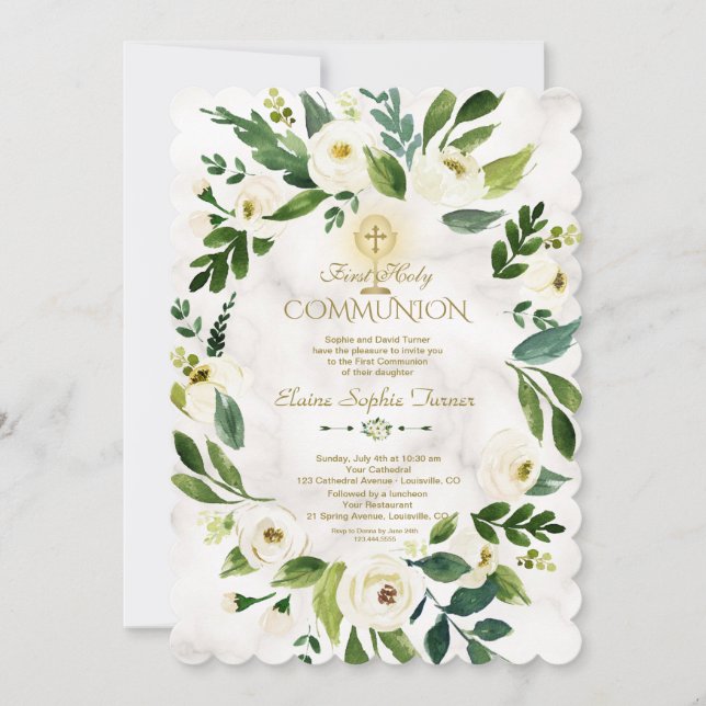 Invitación Comunión santa de la cruz de guirnalda floral blan (Anverso)