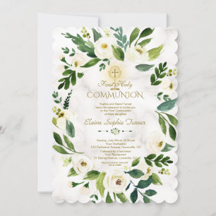 Invitación Comunión santa de la cruz de guirnalda floral blan