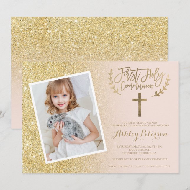 Invitación Comunión santa de la foto del rosa de la cruz del (Anverso / Reverso)