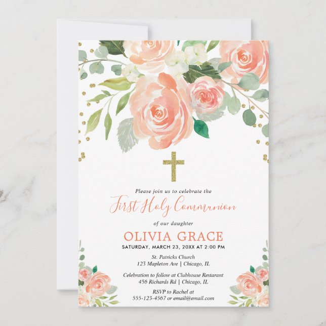 Invitación Comunión santa de las acuarelas florales del oro (Anverso)