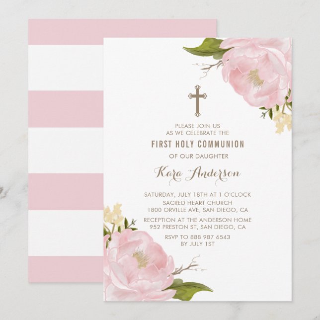 Invitación Comunión santa de los Peonies rosados de Rubor de (Anverso / Reverso)