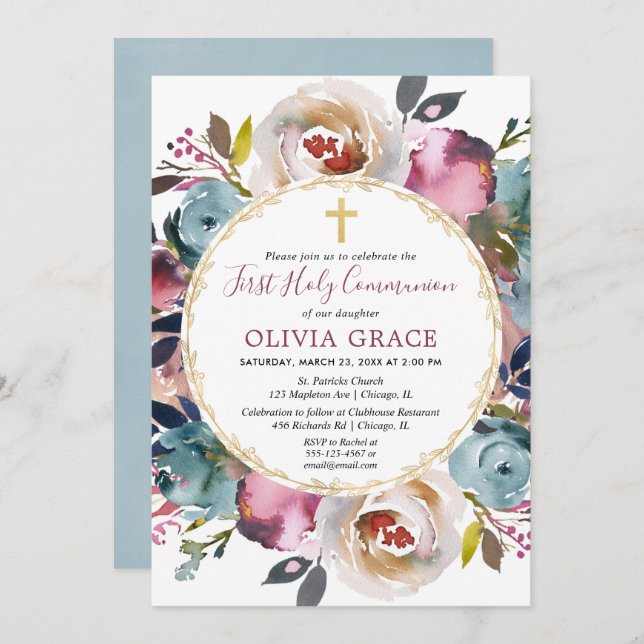 Invitación Comunión santa del merlot de Borgoña de los azules (Anverso / Reverso)