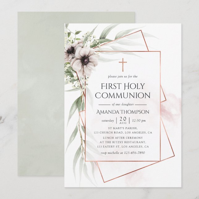 Invitación Comunión Santa Eucalipto Geométrico Acuarela (Anverso / Reverso)