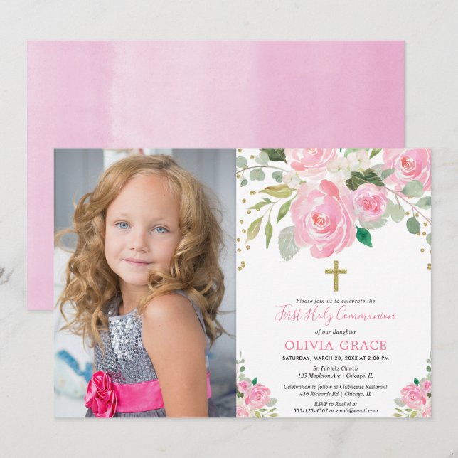 Invitación Comunión santa floral del chica la primera se (Anverso / Reverso)