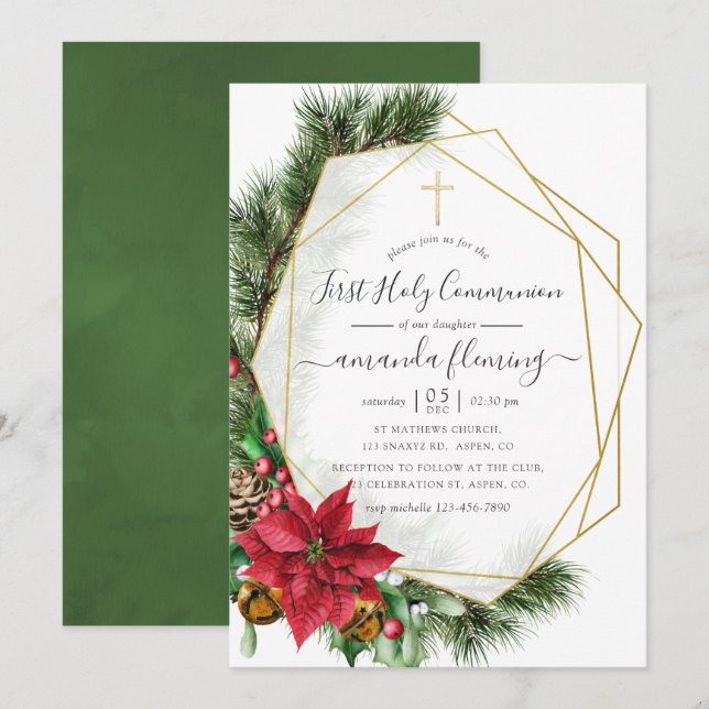 Invitación Comunión Santa Geométrica Floral de Navidad (Anverso / Reverso)