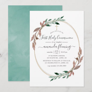 Invitación Comunión Santa Invernal Verde Rustico Acuarela