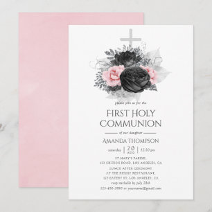 Invitación Comunión Santa Rosas Vintage Rosa y Plata