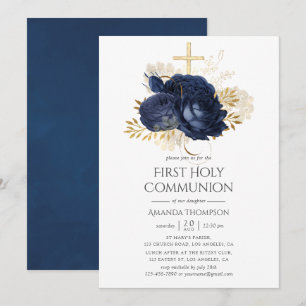 Invitación Comunión Santa Rosas Vintage Shabby Azul Marino y 