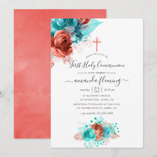 Invitación Comunión Turquesa y Coral Acuarela Floral