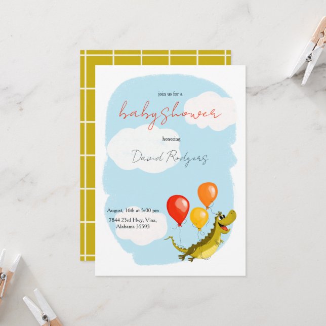 Invitación con cocodrilo para baby showers (Anverso/Reverso In Situ)