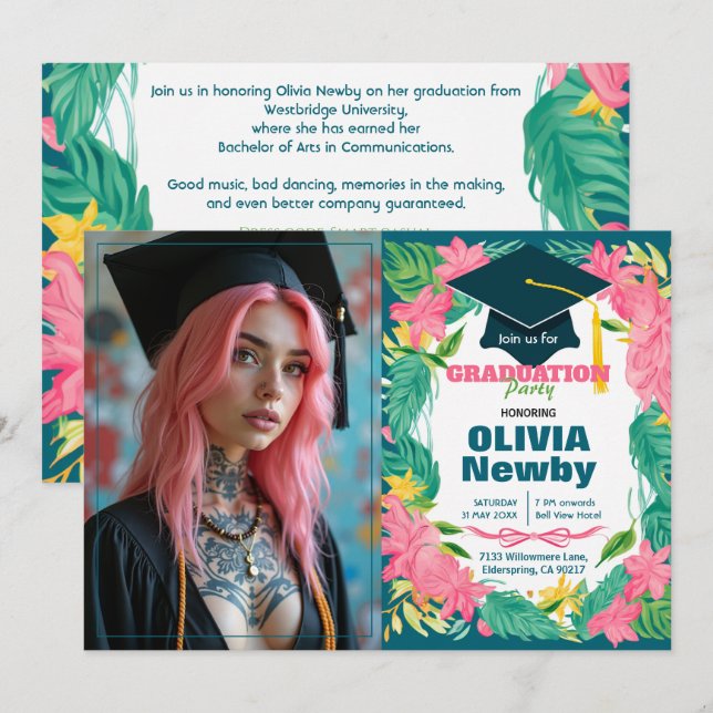 Invitación 🎓Con código QR Flor Tropical Foto Única (Anverso / Reverso)