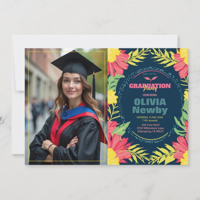 Invitación 🎓Con código QR Floración de Graduación Tropical (Anverso)