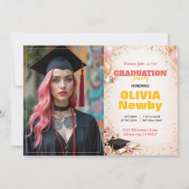 Invitación 🎓Con código QR Horizontal Floral Rosa y Dorado