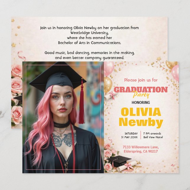 Invitación 🎓Con código QR Horizontal Floral Rosa y Dorado (Anverso / Reverso)