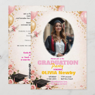 Invitación 🎓Con código QR Rosa y graduación con globo lumino
