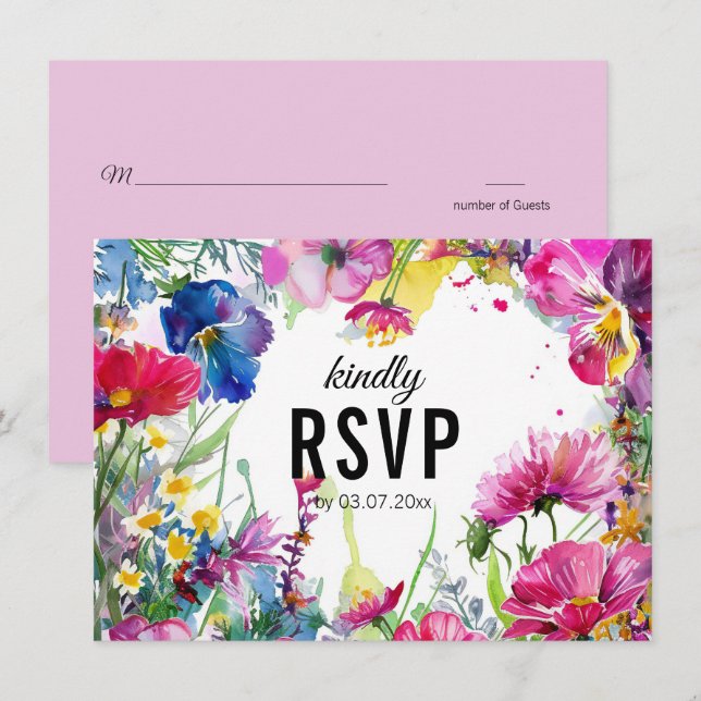 Invitación 😍 Con código QR simple Meadow Blooms RSVP (Anverso / Reverso)
