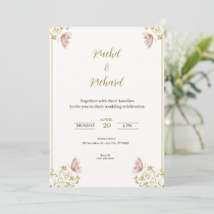 Invitación con diseños florales dorados y rosados