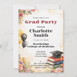 Invitación 🎓Con fiesta de graduación floral en acuarela de c