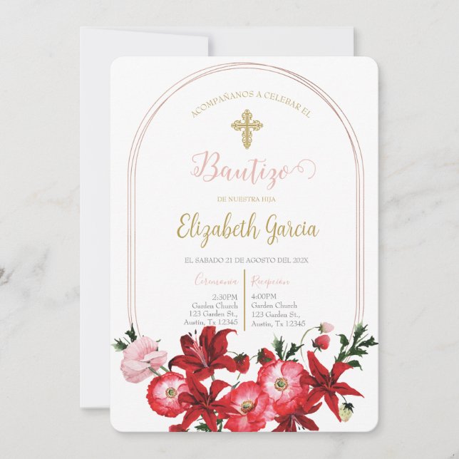 Invitación con flor roja para bautismo (Anverso)