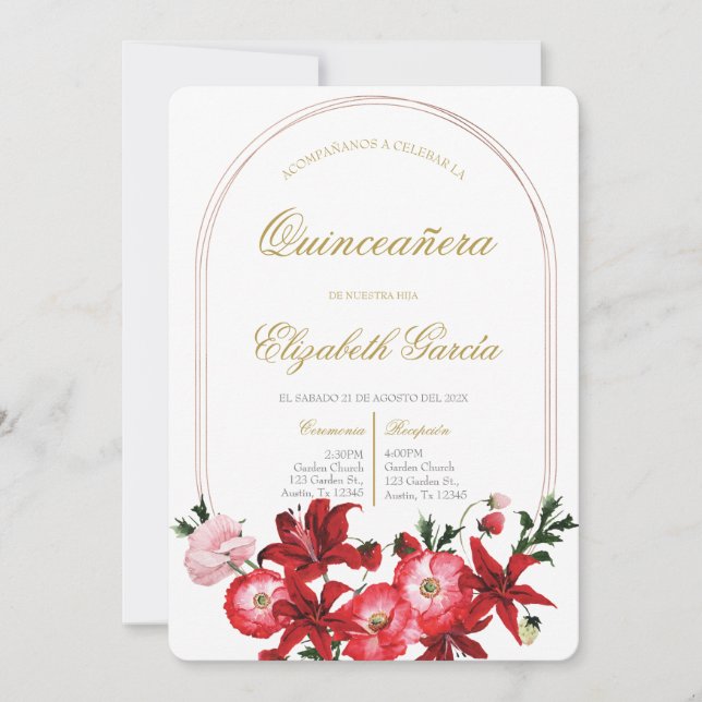 Invitación con flor roja para quinceañera (Anverso)