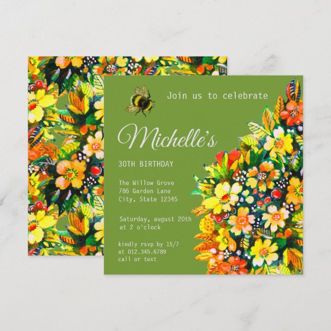 Invitación con flores felices y abeja (Anverso / Reverso)