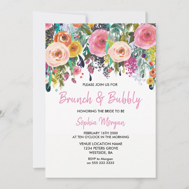 Invitación con flores rosadas para Brunch & Bubbly (Anverso)