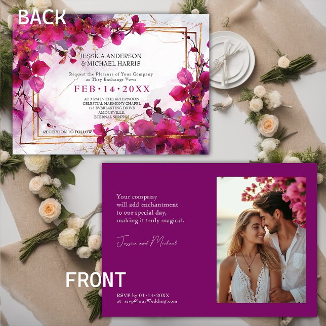 Invitación Con foto de Fuchsia Encantante: Boda acuarela (With photo Fuchsia Enchantment: Watercolor Wedding Invitation)