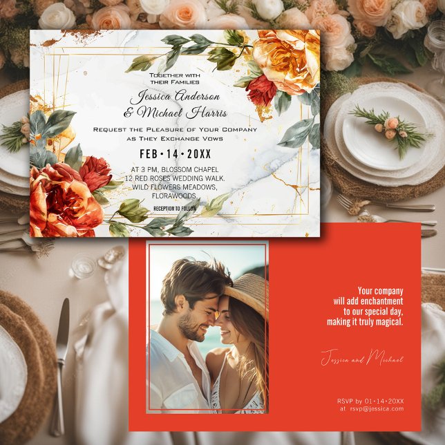 Invitación Con foto de Marble Dreams: Rosa  Elegancia Naranja (With photo Marble Dreams: Orange Rose Elegance Invitation)