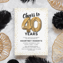 Invitación con globos dorados para cumpleaños 40