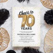 Invitación con globos dorados para cumpleaños 70