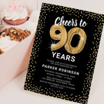 Invitación con globos dorados para cumpleaños 90