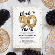 Invitación con globos dorados para cumpleaños 90