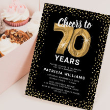 Invitación con globos dorados para el 70 cumpleaño
