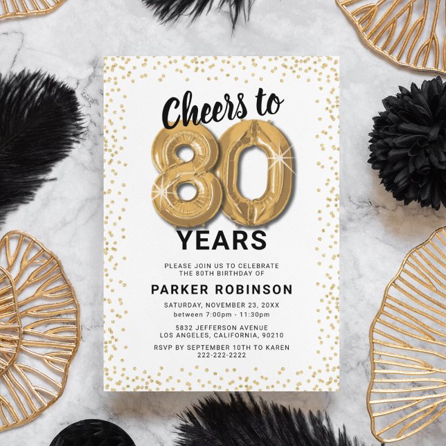 Invitación con globos dorados para el 80 cumpleaño (Subido por el creador)