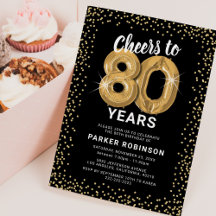 Invitación con globos dorados para el 80 cumpleaño
