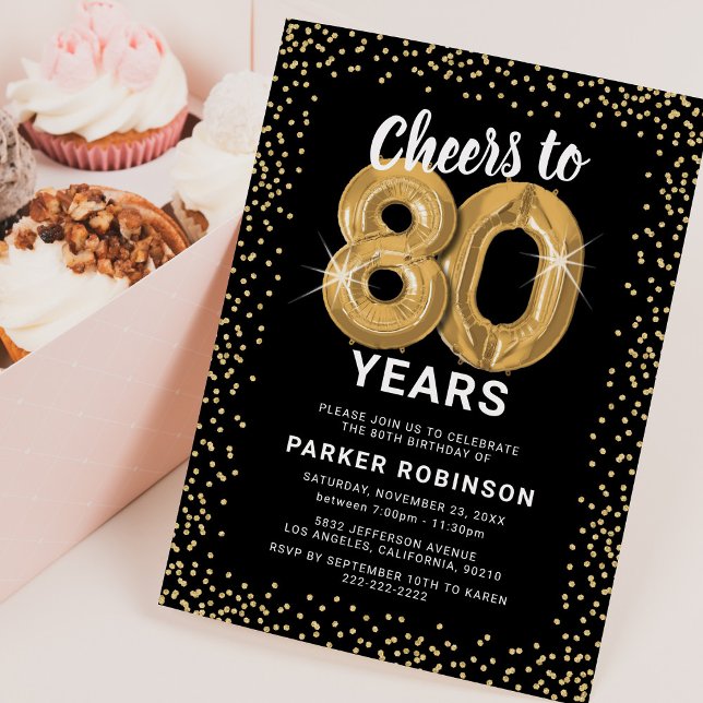 Invitación con globos dorados para el 80 cumpleaño (Subido por el creador)