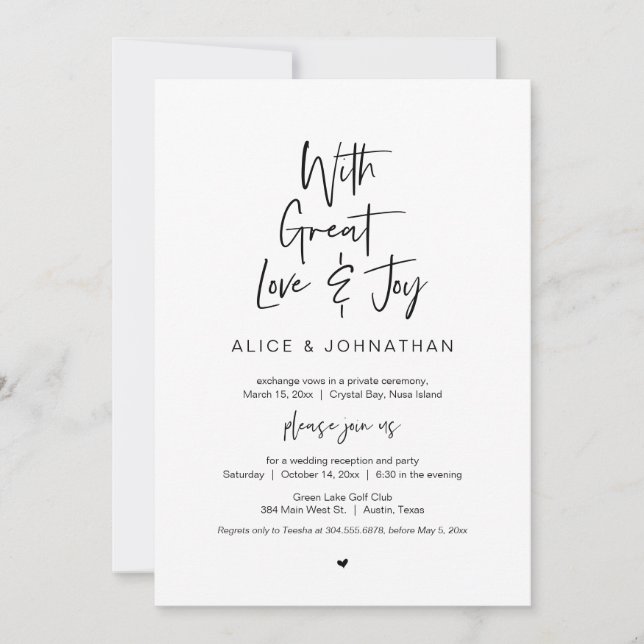 Invitación Con gran amor y alegría, negro y Boda Elopement (Anverso)