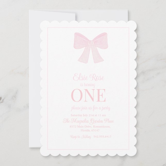 Invitación con lazo rosa Grandmillennial Preppy  (Anverso)