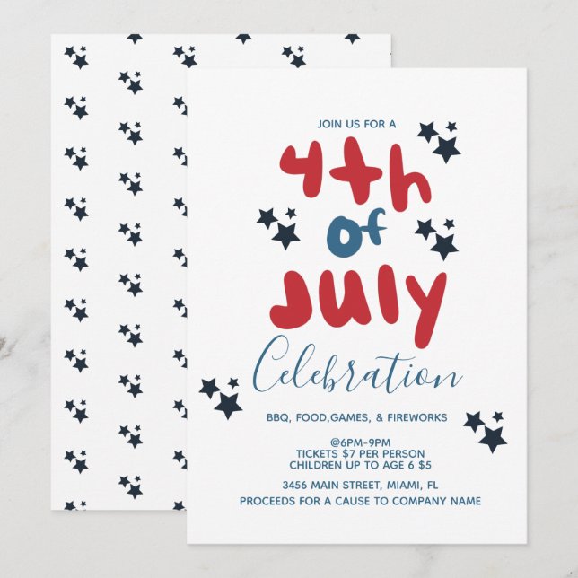 Invitación con letra burbuja para BBQ de estrellas (Anverso / Reverso)