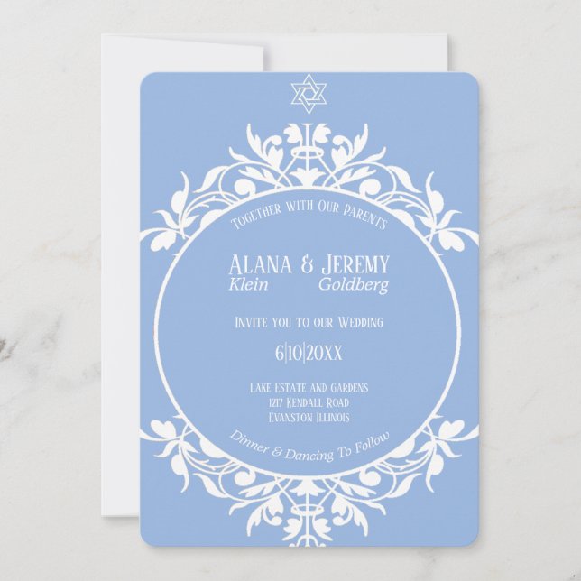 Invitación con marco de filigrana azul y blanco (Anverso)