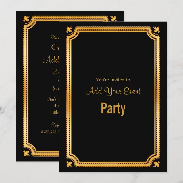 Invitación con Marco Negro y Dorado con Estilo (Anverso / Reverso)