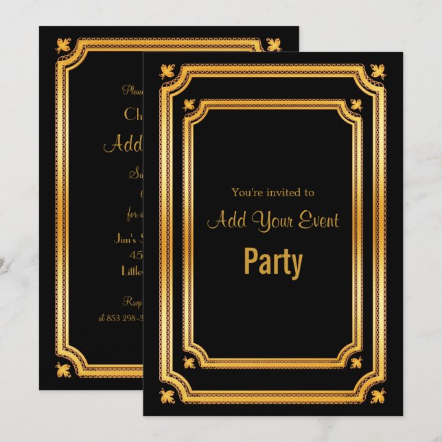 Invitación con Marco Negro y Dorado con Estilo (Anverso / Reverso)