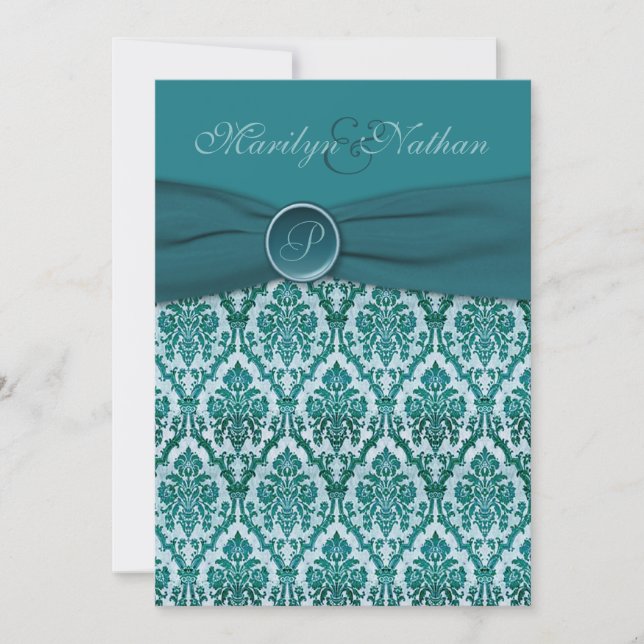 Invitación con monograma de la boda del damasco (Anverso)