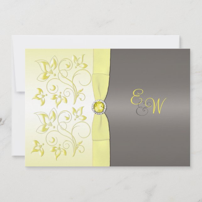 Invitación con monograma floral amarilla y gris (Anverso)