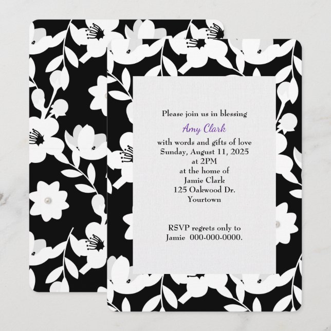 Invitación con motivos florales en blanco y negro, ducha de n (Anverso / Reverso)