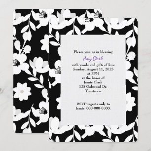 Invitación con motivos florales en blanco y negro, ducha de n